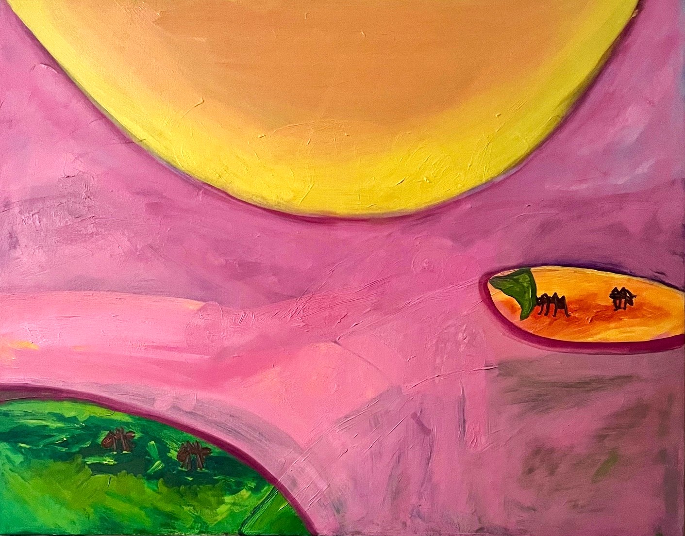 Painting of the Sun and a hazy pink landscape with ants